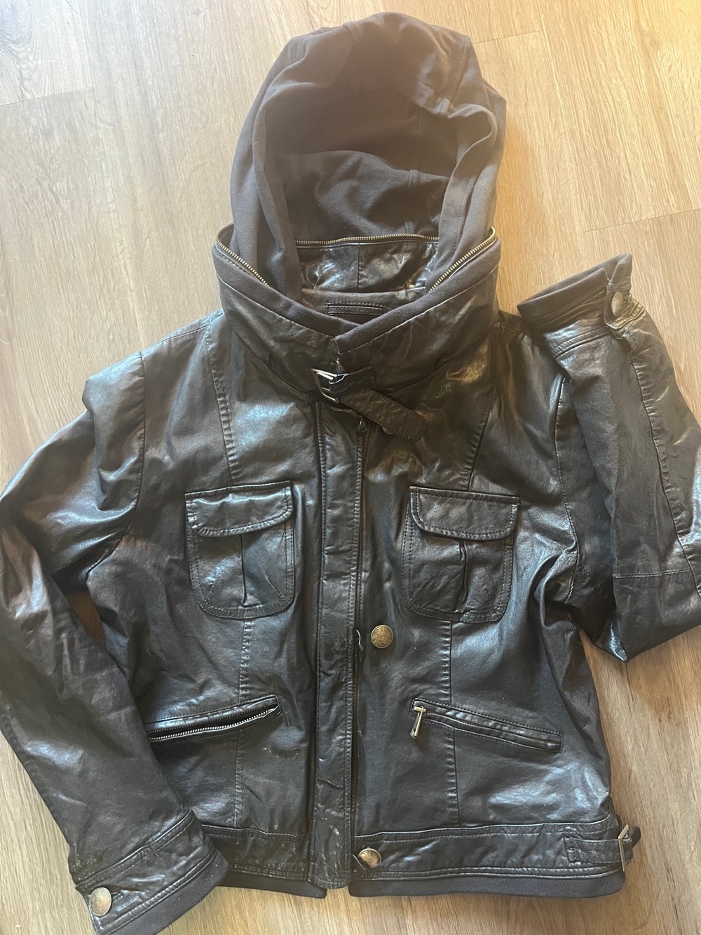 Andrew Marc women's XL leather jacket peak a boo hoody biker detailed satin line
